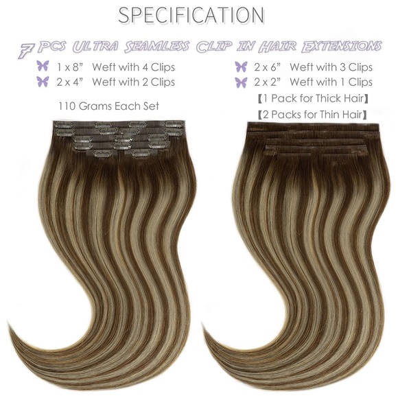 HUMAN HAIR 22” Clip Ins 110g 7PCS Highlight Warm Brown to Dark Caramel Blonde - Picture 5 of 7